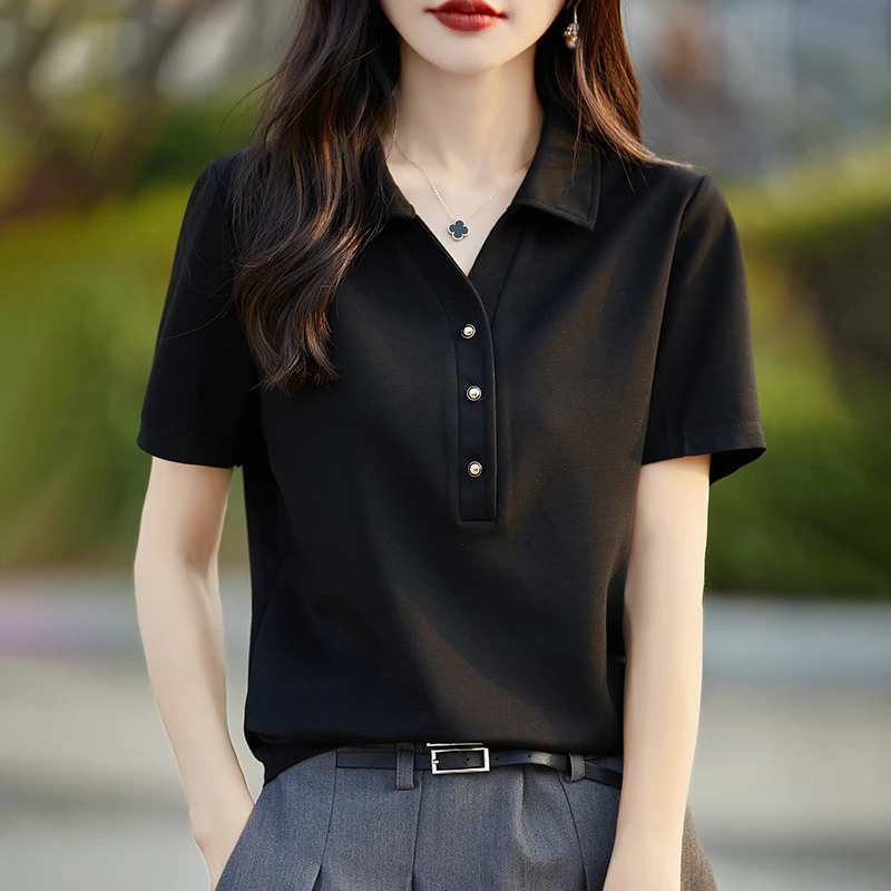 2024夏季新款百搭纯色POLO领短袖气质简约时尚高级感翻领显瘦t恤