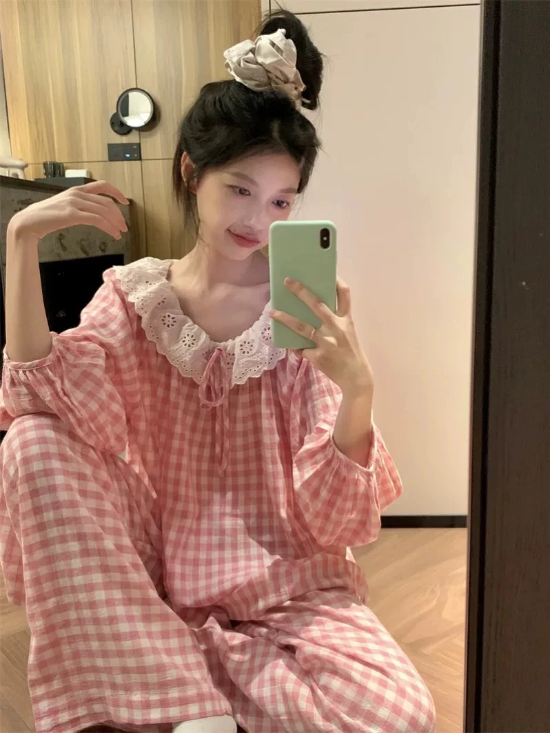 【少女心事】睡衣女秋甜美蕾丝娃娃领格子长袖长裤家居服套装可外穿