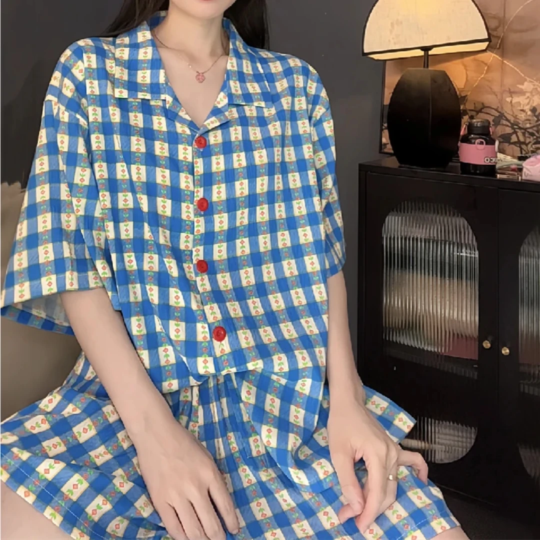 【薄荷曼波blue】三件套睡衣女夏短袖短裤长裤高级甜美家居服套装