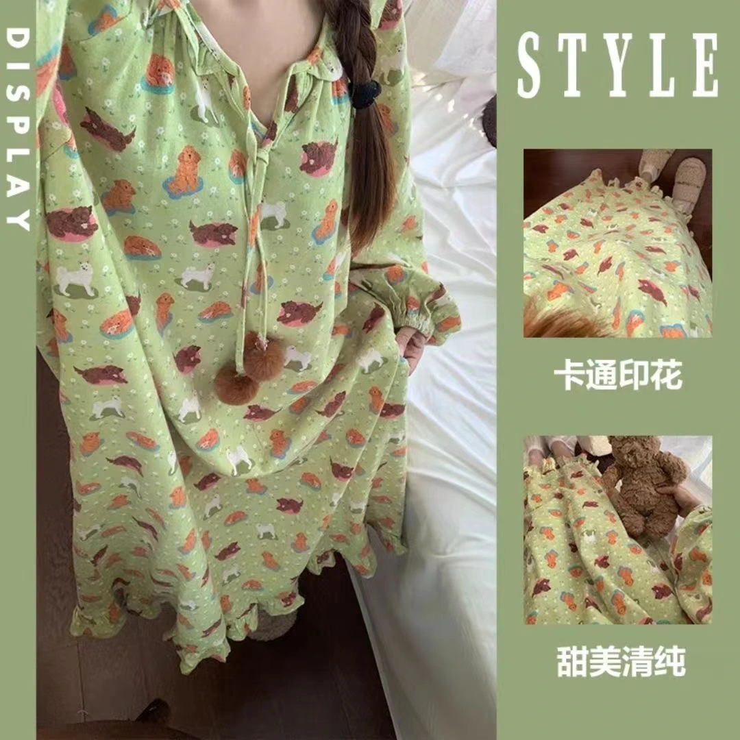 可爱小狗荷叶边睡衣女春秋季薄款网红ins学生宽松家居服睡裙