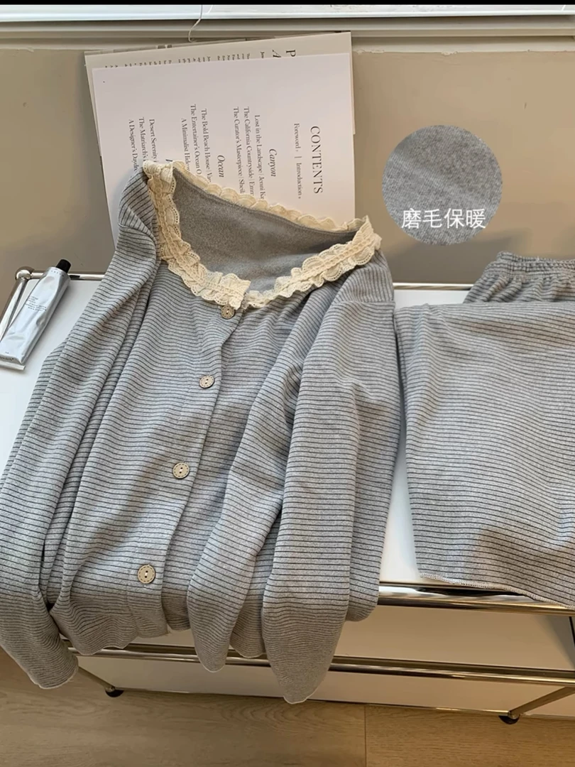 冬季德绒加厚睡衣女保暖ins韩系蕾丝条纹kt波点家居服ins套装外穿