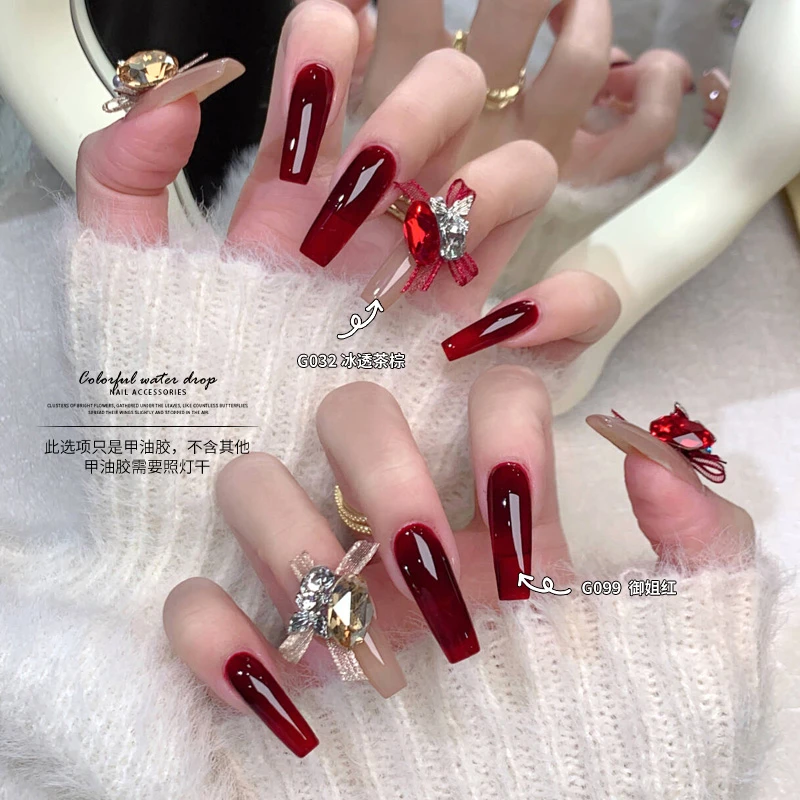 新年战甲欧根纱蝴蝶结鸽子蛋堆钻搭配御姐红甲油胶组合高级感美甲