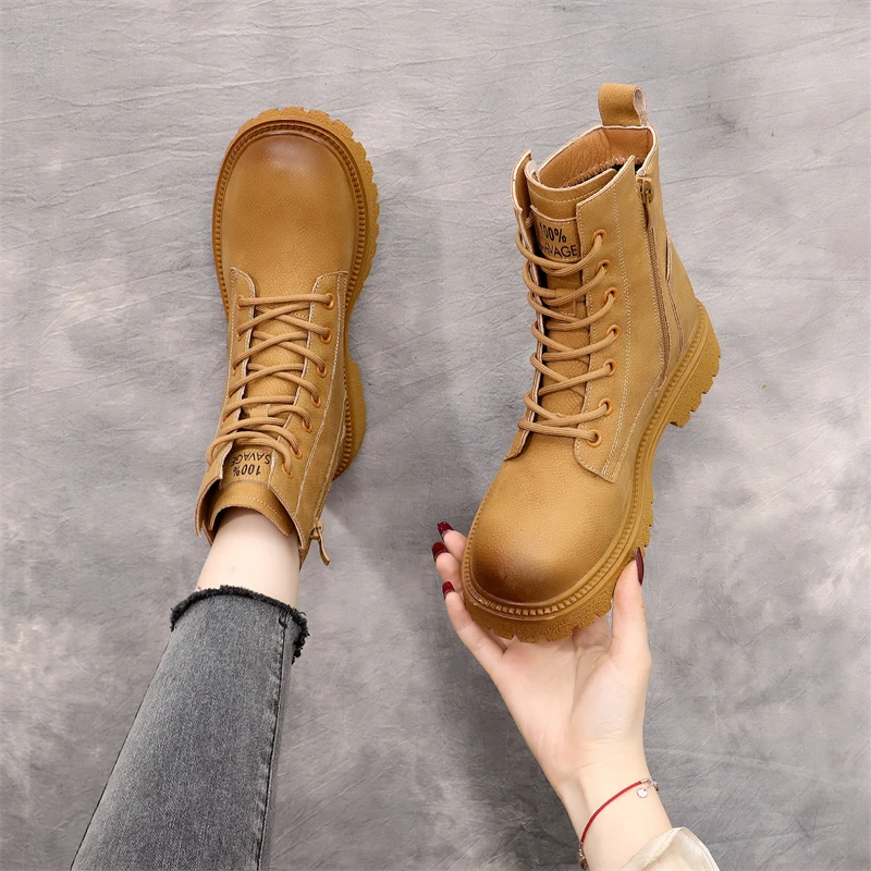 高帮马丁靴女2025年新款春秋单靴英伦风平底黄色靴子软底大码41