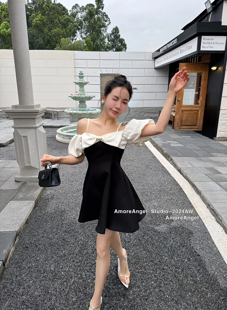 （清清专场）立体蝴蝶结泡泡袖吊带连衣裙撞色减龄短袖裙子女