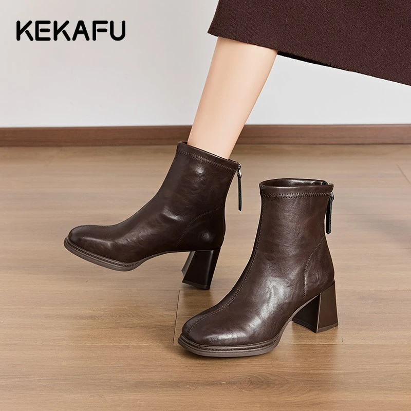 珂卡芙高跟短靴女粗跟2024冬季新款方头瘦瘦靴百搭简约时装小踝靴