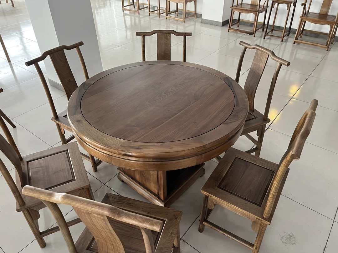核桃木原木原色圆餐桌1.2米含6把餐椅