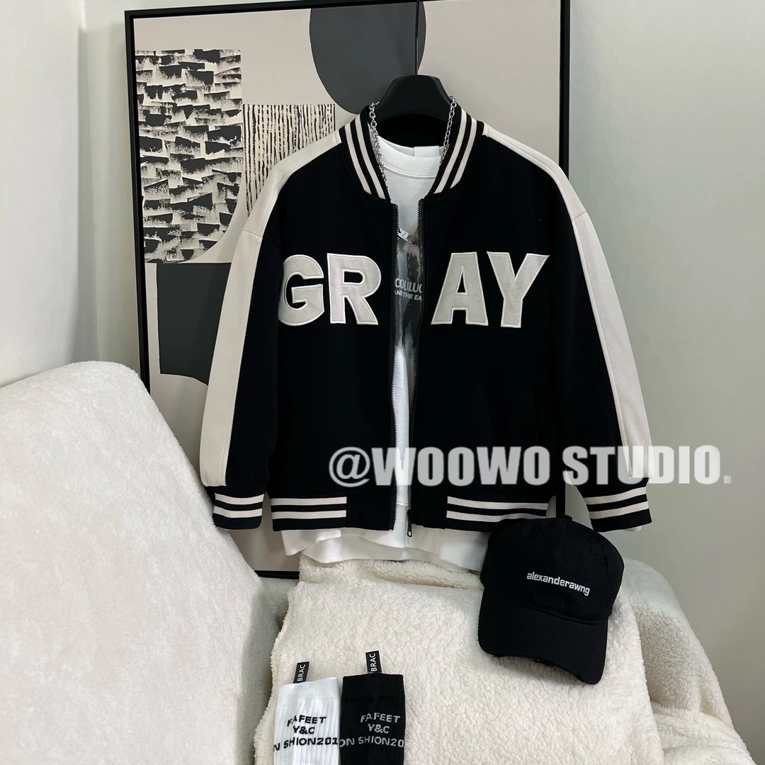 男童春秋拼色洋气刺绣黑白拼接棒球服外套中大童新款潮拉链衫