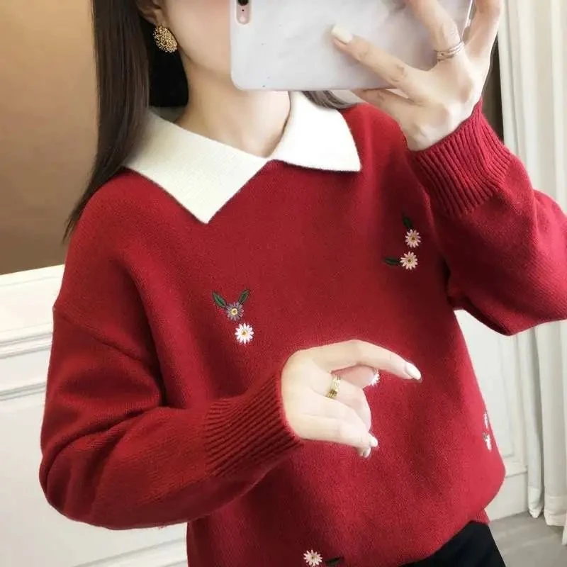 毛衣加厚2024新款娃娃领加厚外穿洋气针织衫女宽松显瘦上衣打底衫