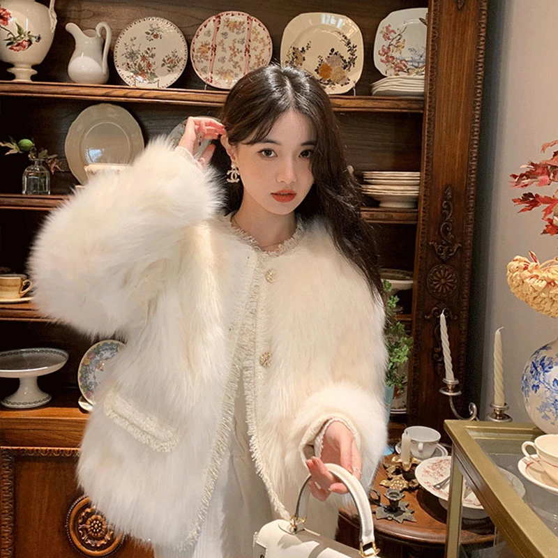 2024新款小香风拼接粗纺外套女年轻款显瘦环保毛毛小个子33203#