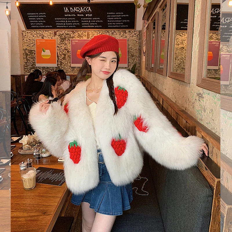 「奶油草莓」新款冬季甜美减龄编织氛围感年轻款毛毛外套女27072#