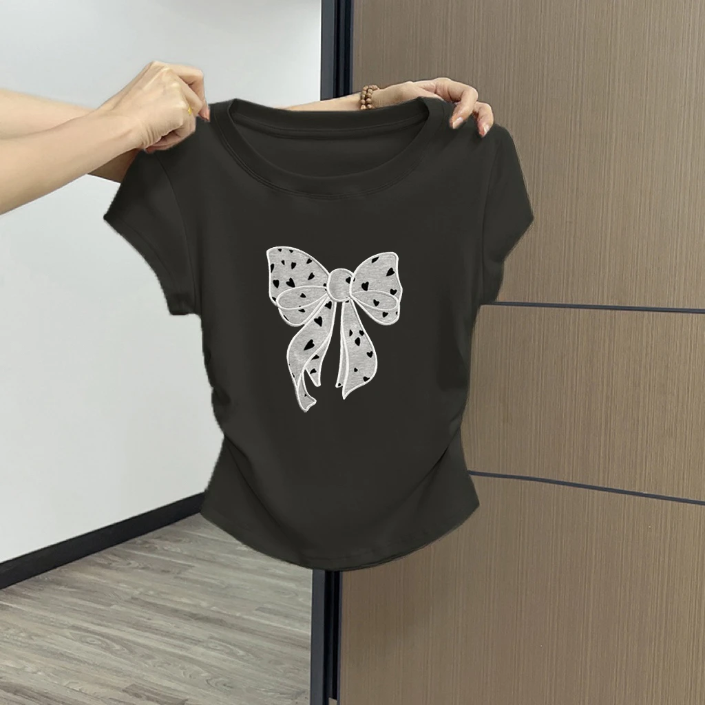 黑色蝴蝶结正肩短袖t恤衫女夏季2024新款设计感收腰修身短款上衣