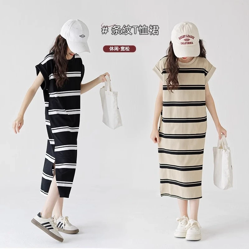 洋气中大童长款休闲圆领宽松T恤短袖条纹开叉裙子女童夏季连衣裙