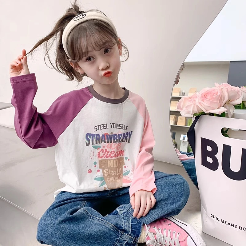 儿童长袖T恤圆领女童春秋款洋气春装中大童装上衣休闲女孩打底衫