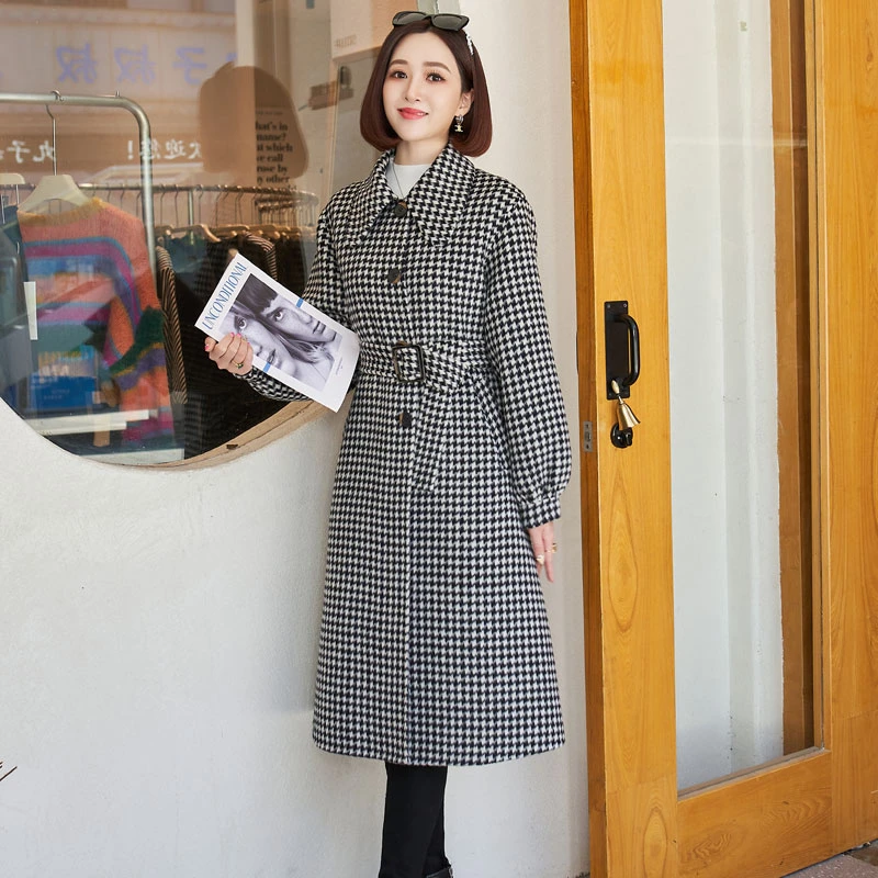 2025秋冬新款加厚千鸟格双面羊毛大衣女中长款小香风气质毛呢外套
