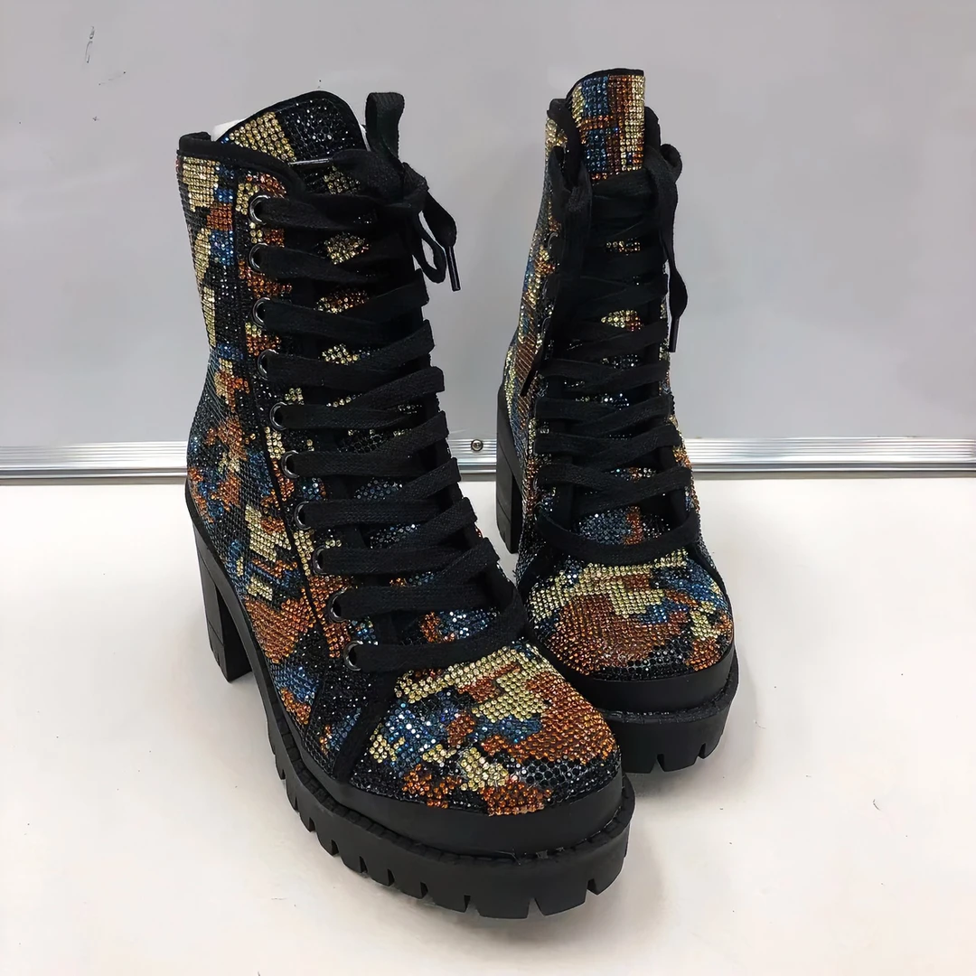 厚底时尚时尚女士加绒圆头百搭系带时装高帮休闲黑色中筒冬季高跟