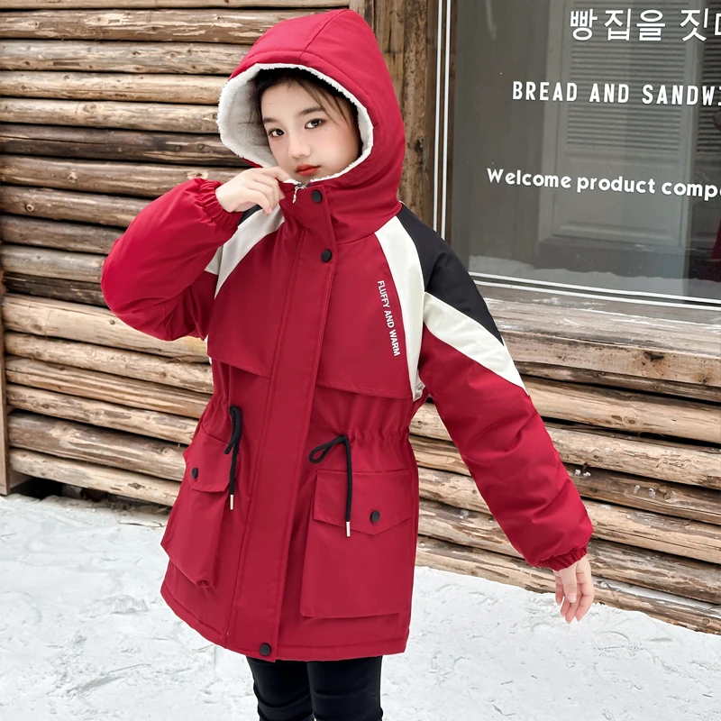 女童冬装新款加棉加厚派克服防水拼色中长款学院风中大童上衣外套