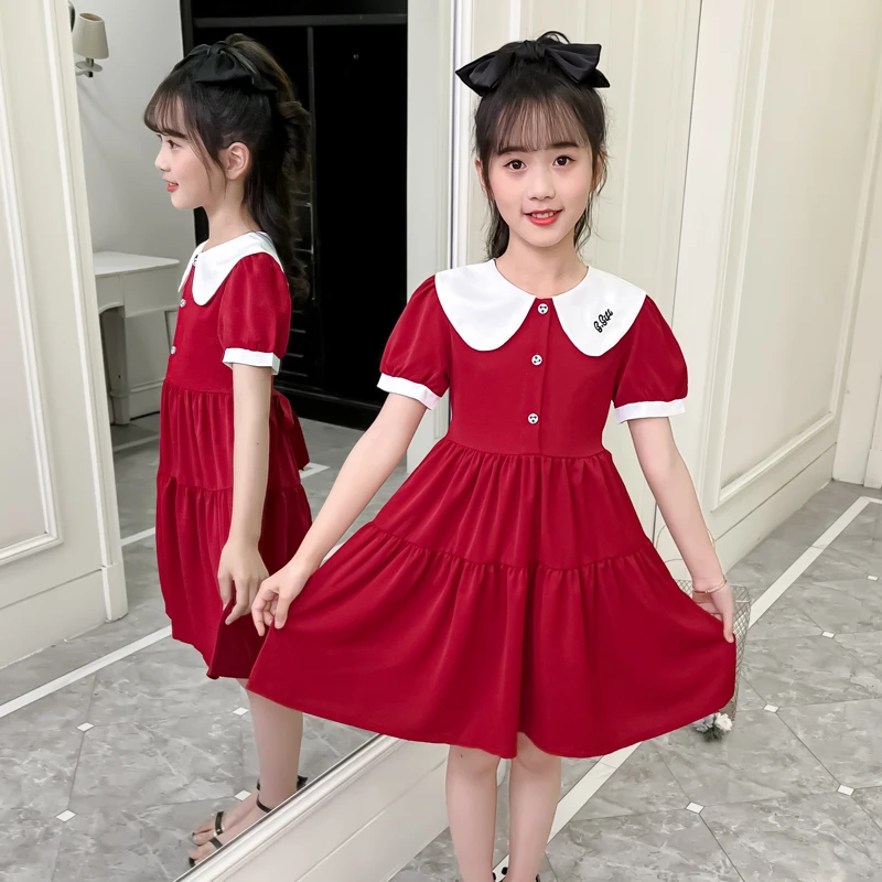 女童连衣裙夏季新款大童雪纺娃娃领拼色儿童裙小女孩儿童连衣裙