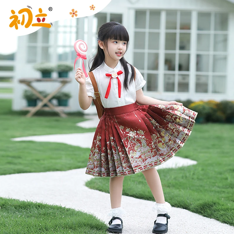 瑕疵孤品介意慎拍【猫乐图短袖衬衣，不含领结】汉服女童装中国风