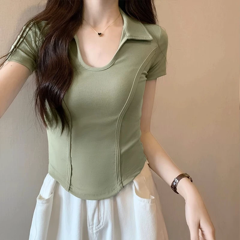 美式甜辣妹收腰显瘦短款上衣女夏正肩鱼骨弧形下摆设计感短袖T恤