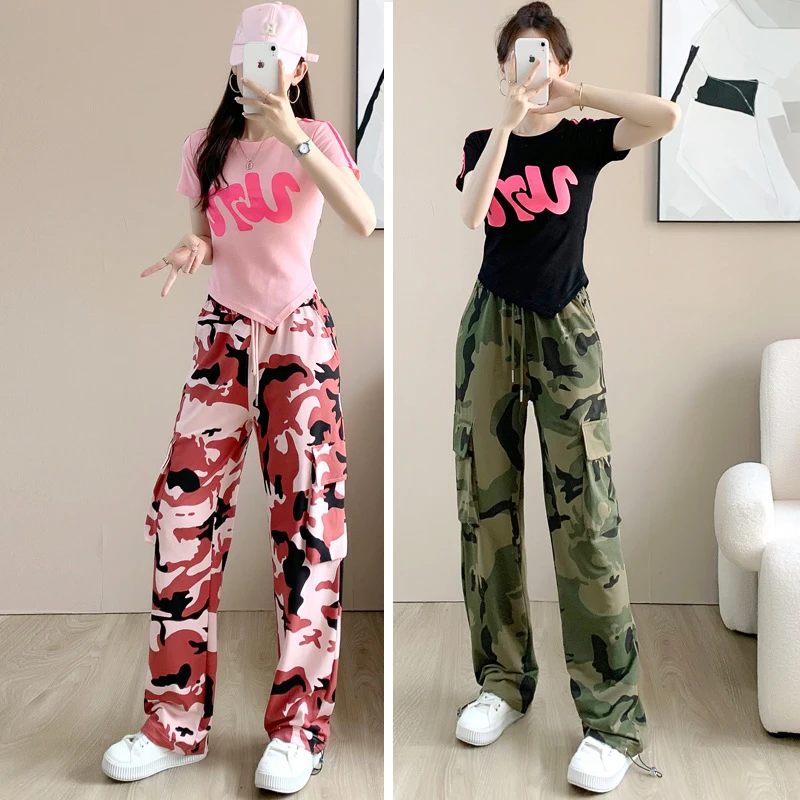 夏季新款时尚运动套装女辣妹短款T恤配绿粉色迷彩裤印花两件套