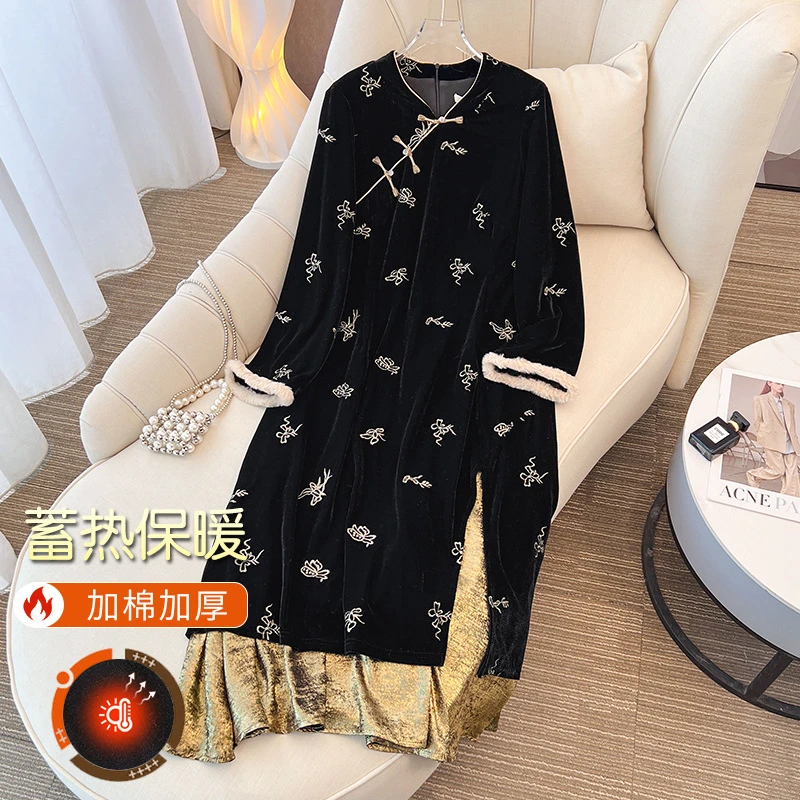 300斤特大码女装新中式复古丝绒连衣裙200胖mm国风绣花改良旗袍裙