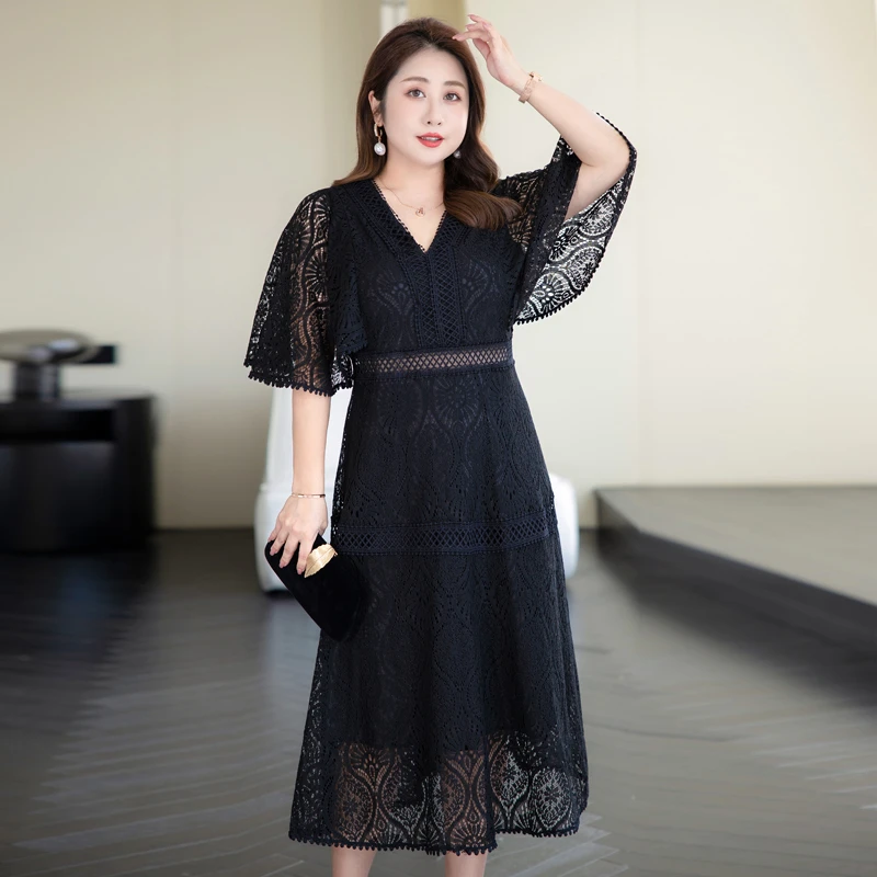 大码女装夏装胖mm蕾丝收腰连衣裙女中长款裙子加肥加大减龄显瘦