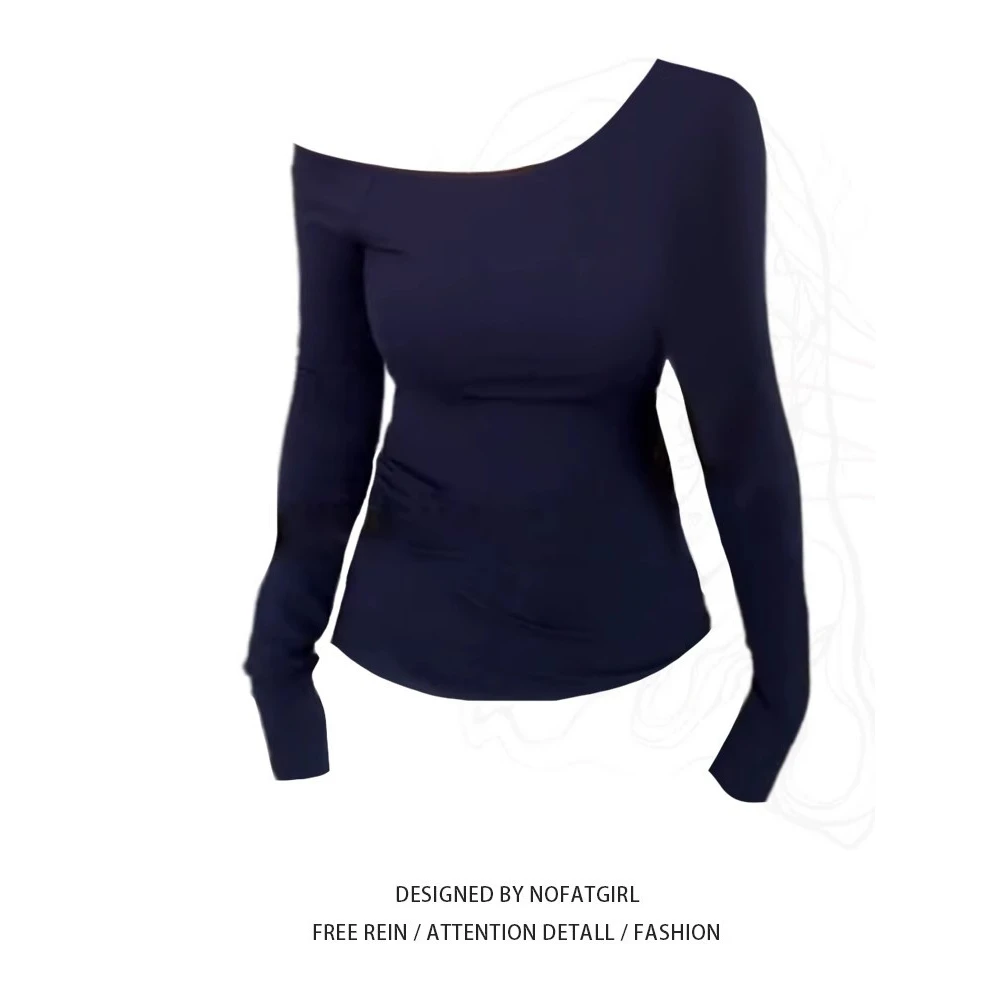 美式辣妹斜肩设计感打底衫女内搭早春新款修身显瘦纯欲薄款上衣潮