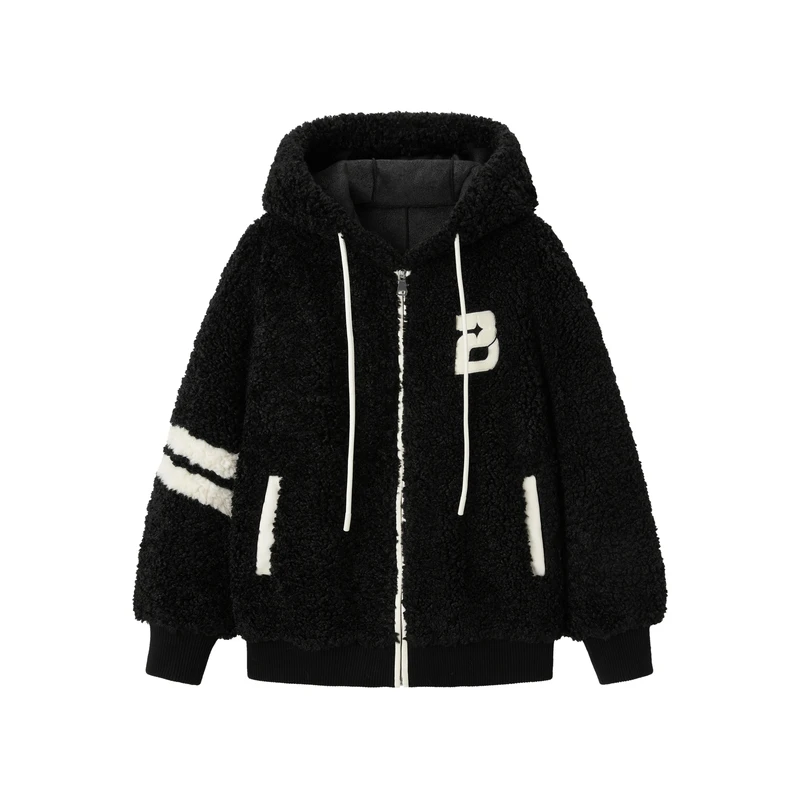 太平鸟仿羊羔毛连帽外套情侣拼接A5BBC4M53