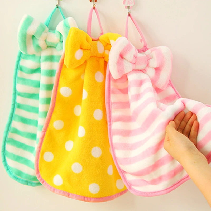 简约风蝴蝶结条纹珊瑚绒可挂式擦手巾 超强吸水厨房抹布浴室毛巾