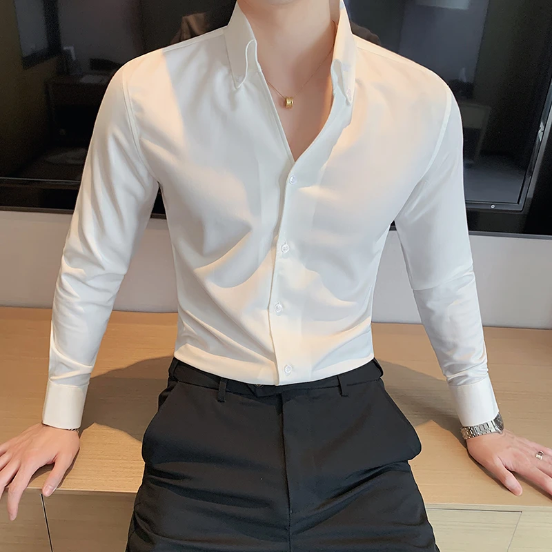 ATPX高级感英伦风白色长袖衬衫男春秋季新款商务法式修身男士衬衣