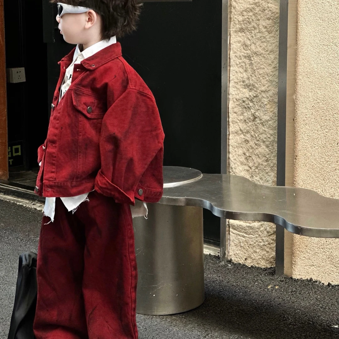 现货【Ancora】kb2457 | 秋季儿童暗红牛仔套装 尊显白~氛围感拉爆