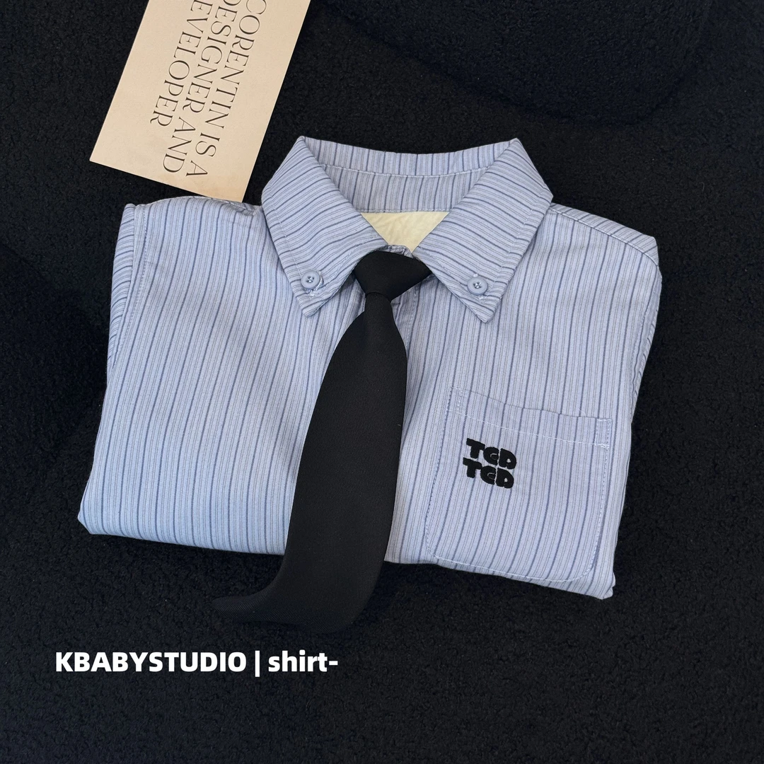 现货【条纹·衬衫】kb3349|冬季儿童韩版加绒条纹领带衬衫 不过时！