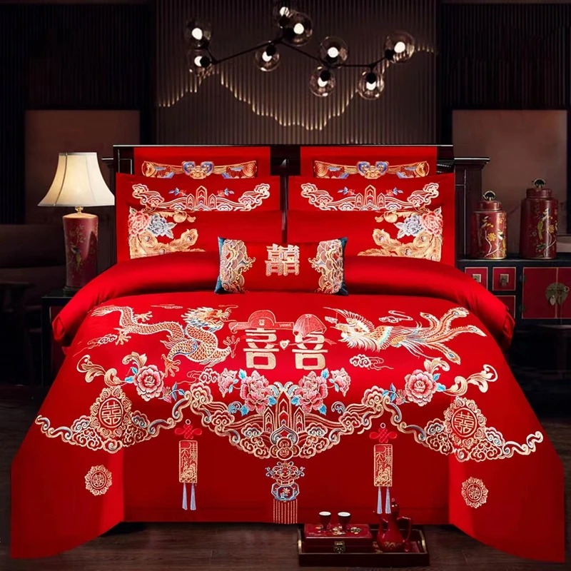 高端龙凤红色磨毛四件套床单刺绣被套大红陪嫁婚床四件套床上用品