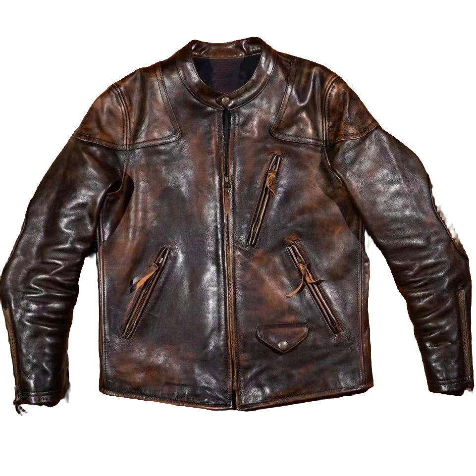 【1.8mm茶芯植鞣牛皮】毒液水洗做旧美式复古机车复古夹克