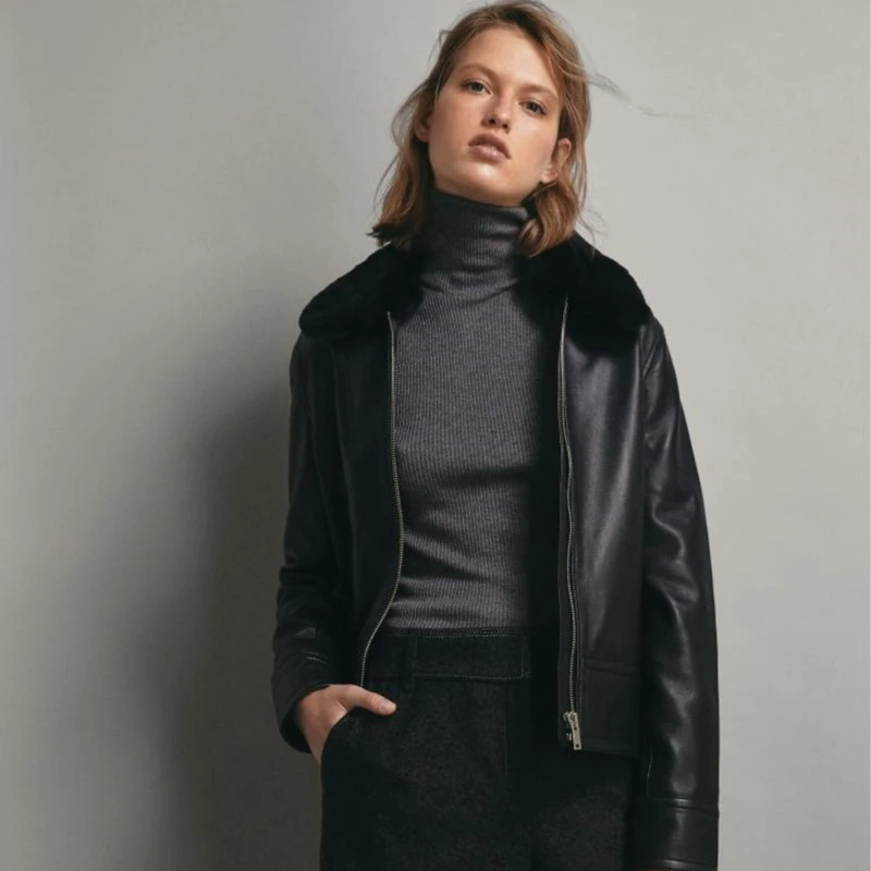 外贸【1.0mm意产纳帕无涂绵羊皮】可脱卸毛领设计师时尚冬季皮衣Y