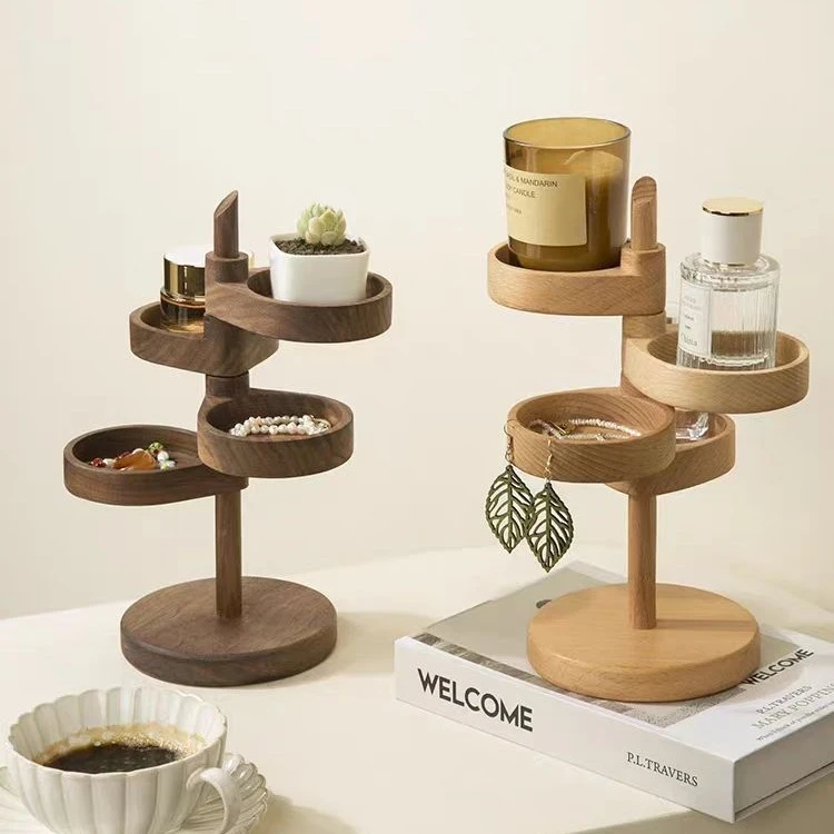 木质多层可旋转置物架入户玄关钥匙收纳架创意桌中创意摆件