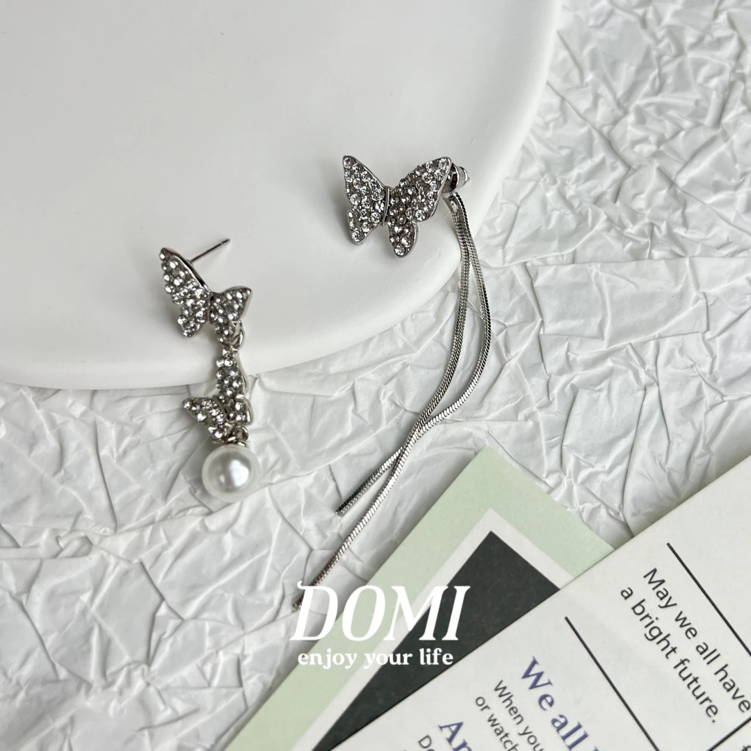 铁合金耳饰 碎钻设计不规则蝴蝶流苏耳环