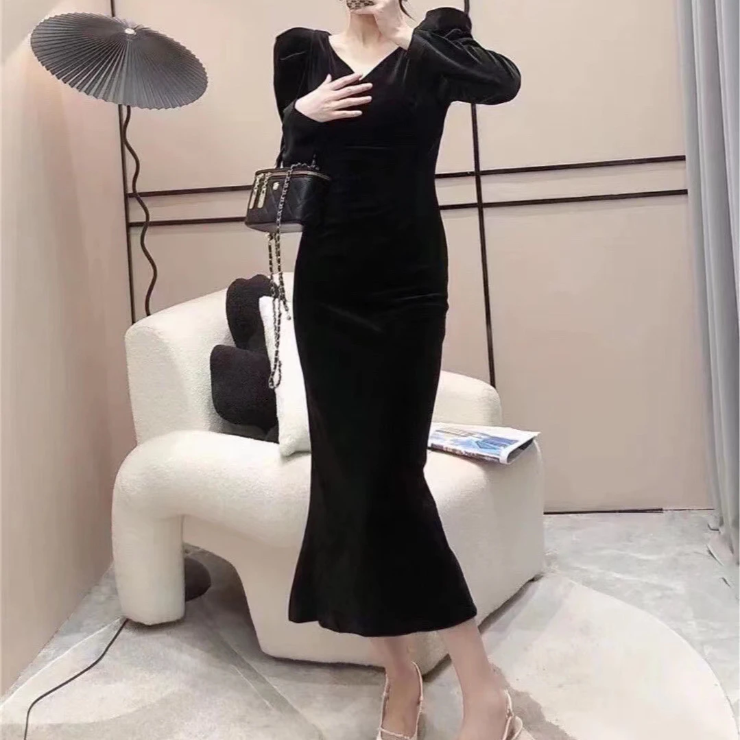 法式新款丝绒鱼尾连衣裙