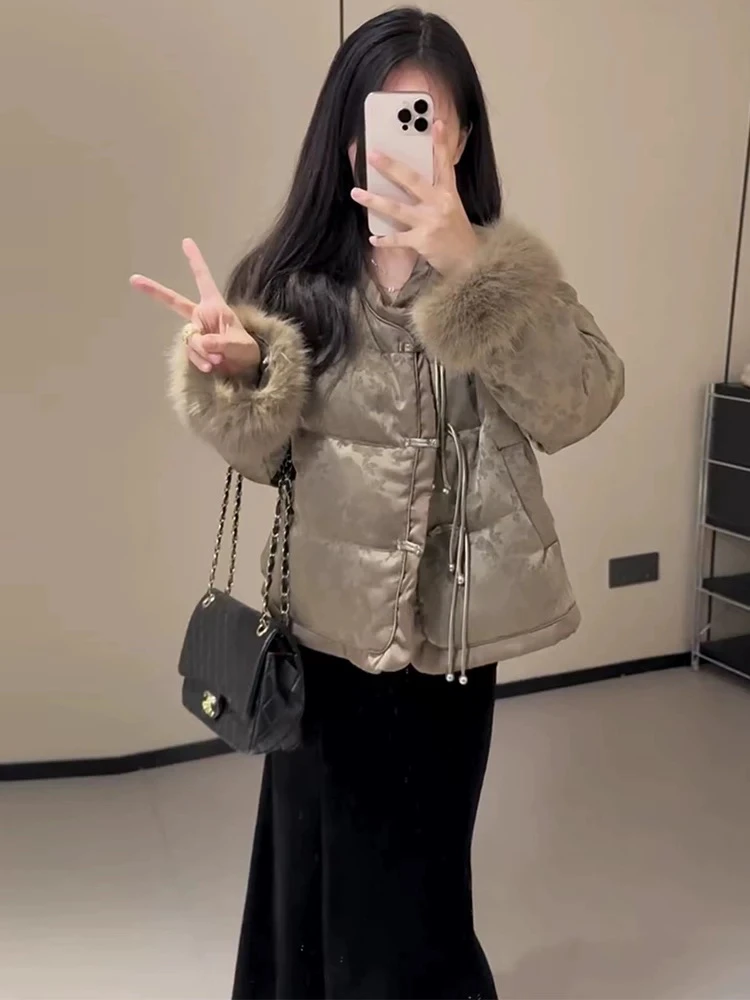 国风提花盘扣毛毛袖棉服女冬季复古设计感气质宽松棉服