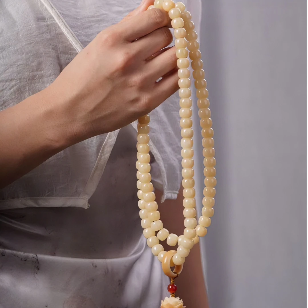奶油黄风化料菩提根8*10mm 108颗手持菩提子文玩手串搭莲花原创
