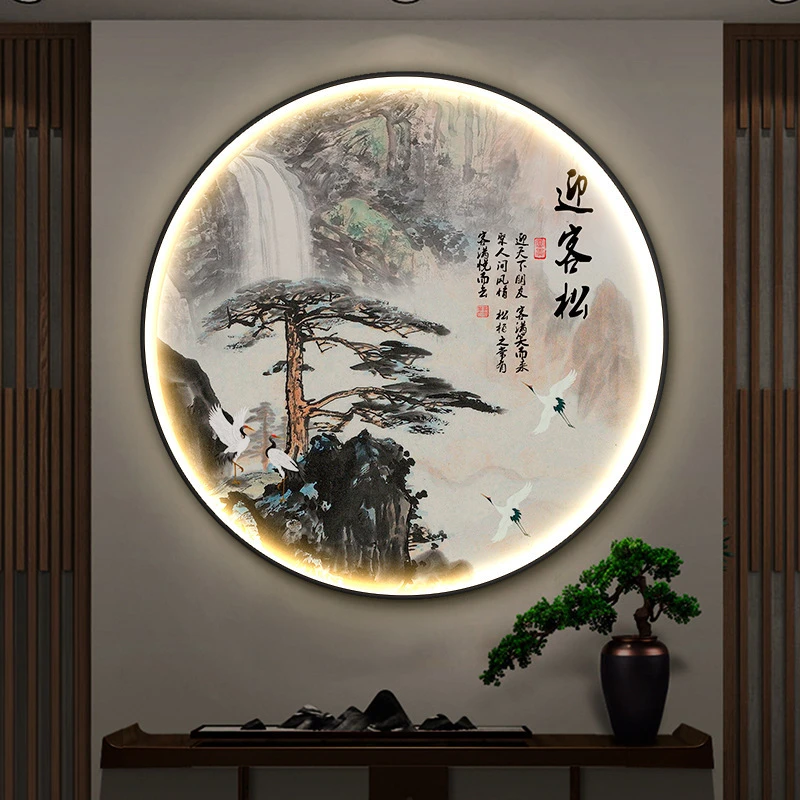 玄关迎客松装饰画带灯圆形壁画走廊过道茶室背景墙新中式led挂画
