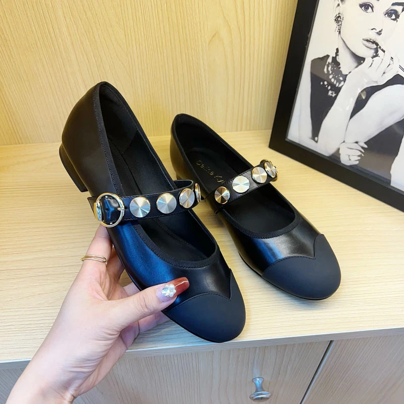 Z2025胎牛皮单鞋时尚百搭软底复古粗跟跟鞋圆头中跟浅口春季黑色