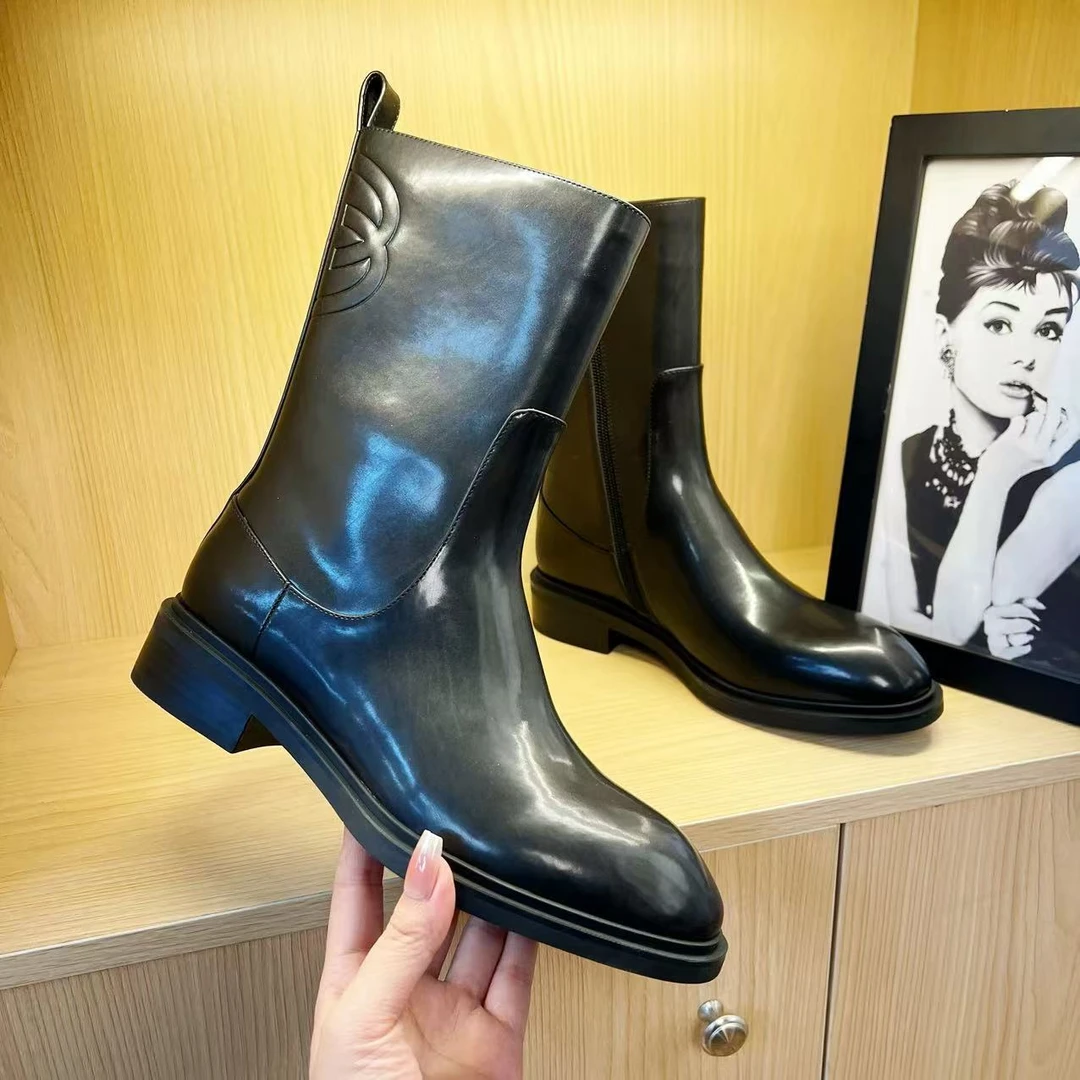 【醉美】2024秋冬大香香家胎牛皮时尚百搭中筒靴女粗跟厚底圆头