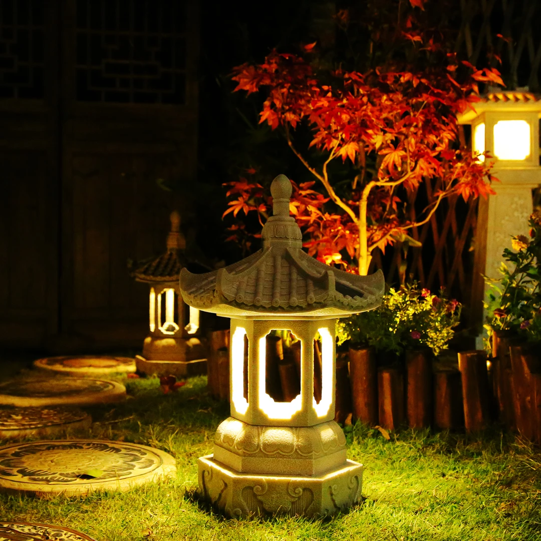 仿古头灯发光中式花园装饰摆件户外庭院露台草坪景观造景落地摆设