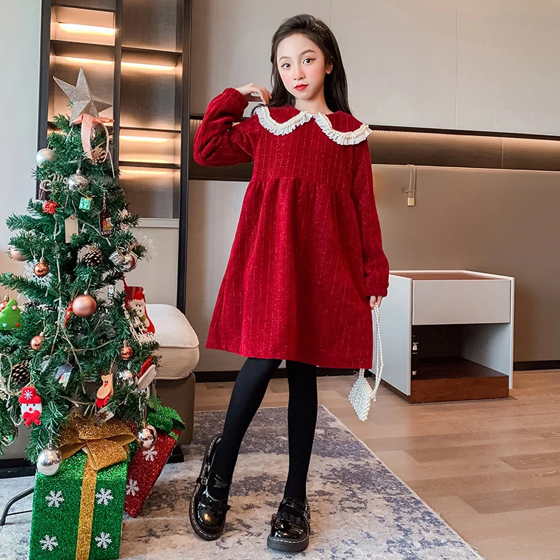 女童加绒连衣裙秋冬装2024新款大儿童冬季红色新年裙子女孩公主裙
