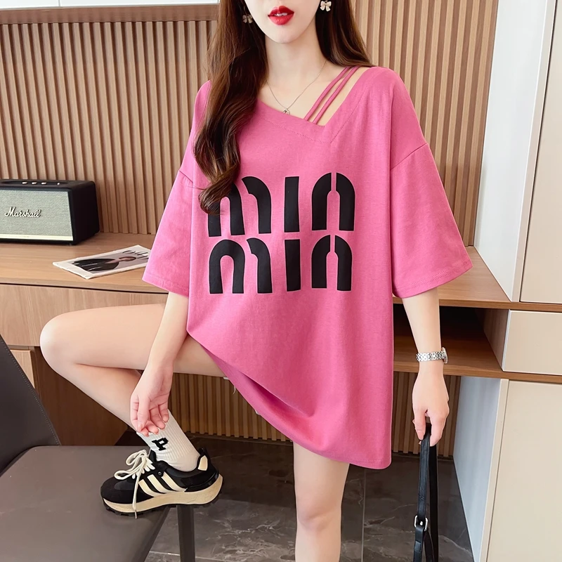 宽松oversize短袖T恤女夏2024新款韩版网红小心机斜肩小众上衣潮