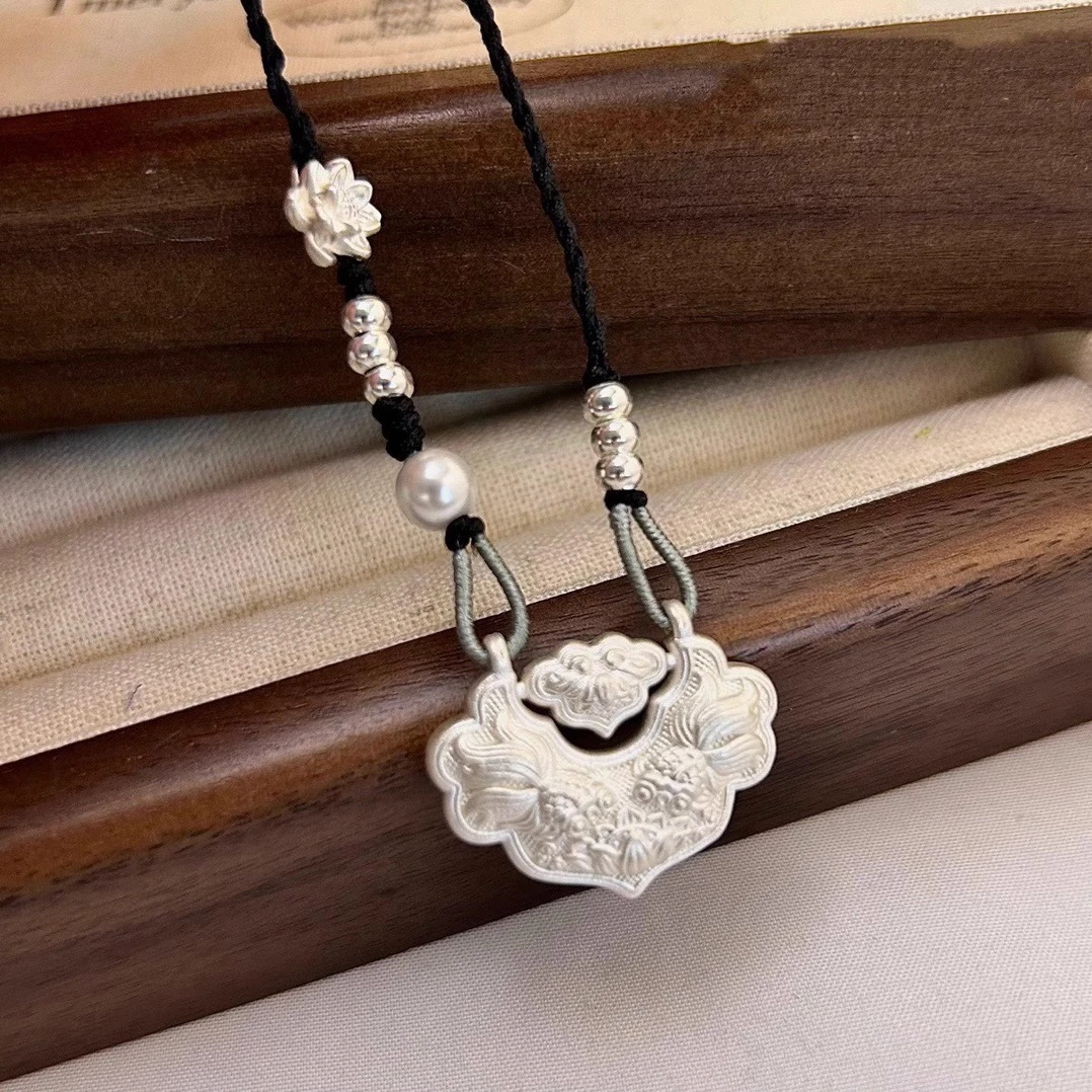 吊坠足银 999双鱼莲花锦鲤锁平安锁精致吊坠民族风手工编百搭项链