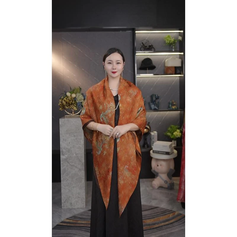 SJ941【凤凰来仪】绫罗气质重磅老料女士双面双戴丝巾披肩复古高档