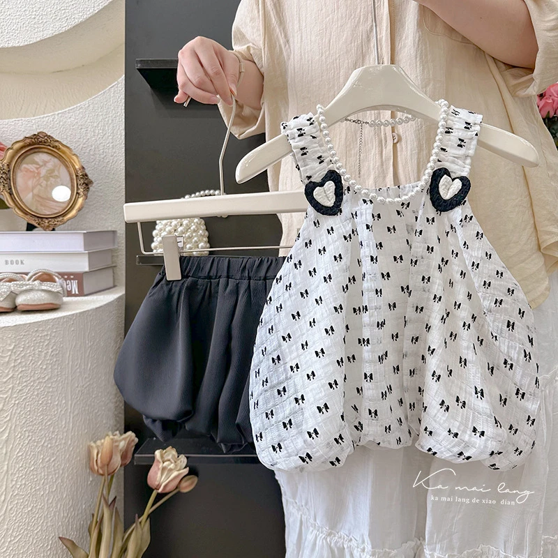 女童套装2024夏季新款女宝宝印花吊带夏装时髦无袖上衣裙子两件套