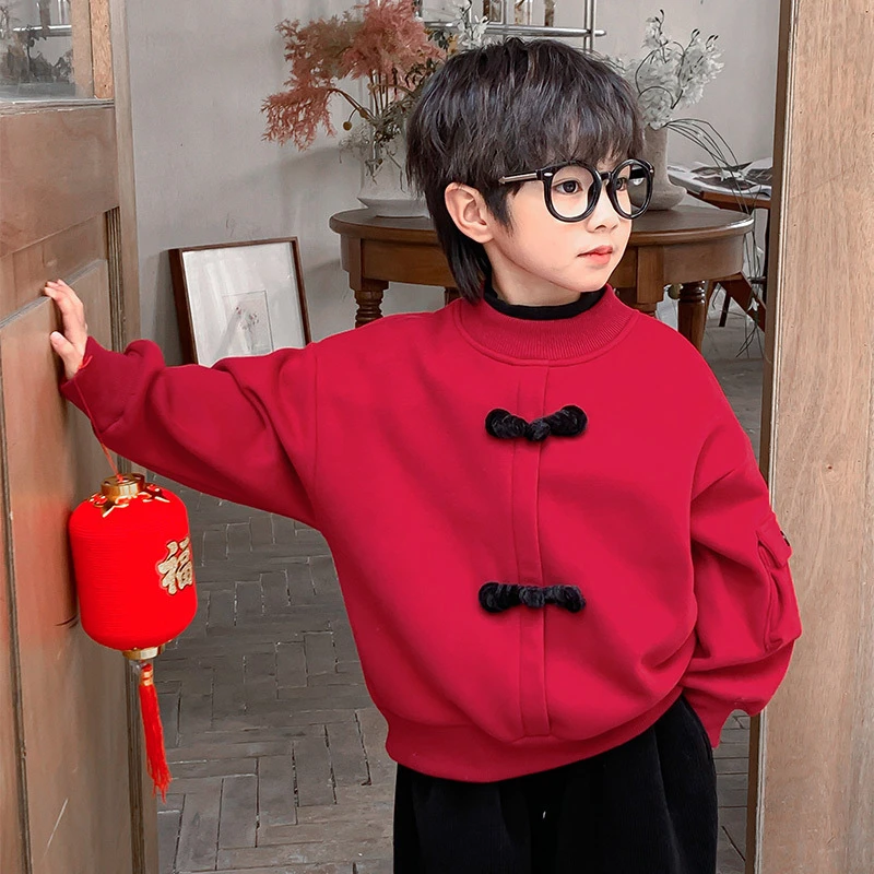 男童喜庆红色加绒卫衣冬装拜年服秋冬季中国风上衣男孩加厚潮小童